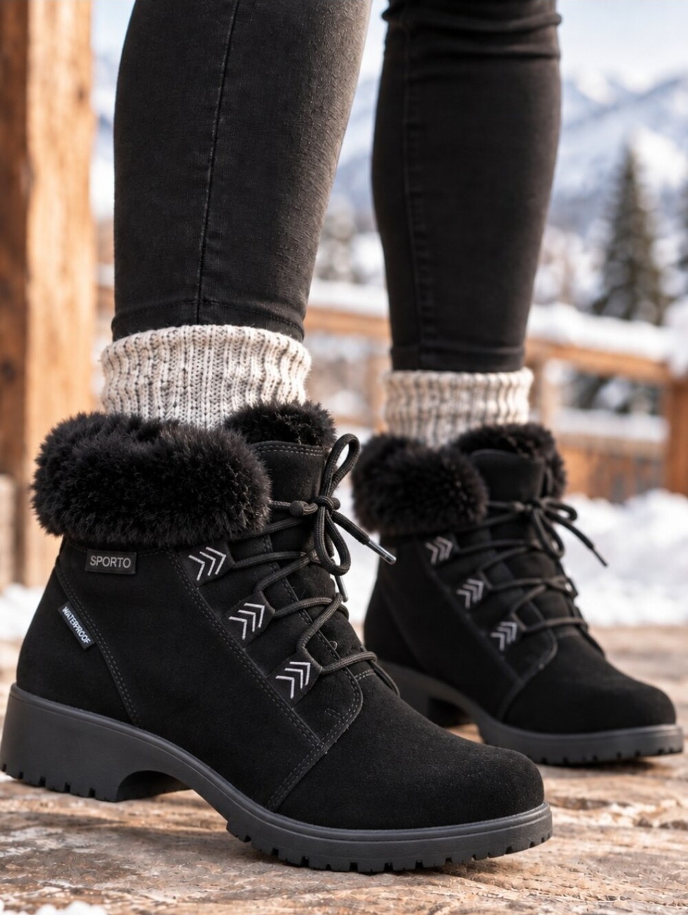 Sporto Y2K Après-Ski Suede Lace-up Faux Fur Cuff Insulated Lug Sole Boots 6M